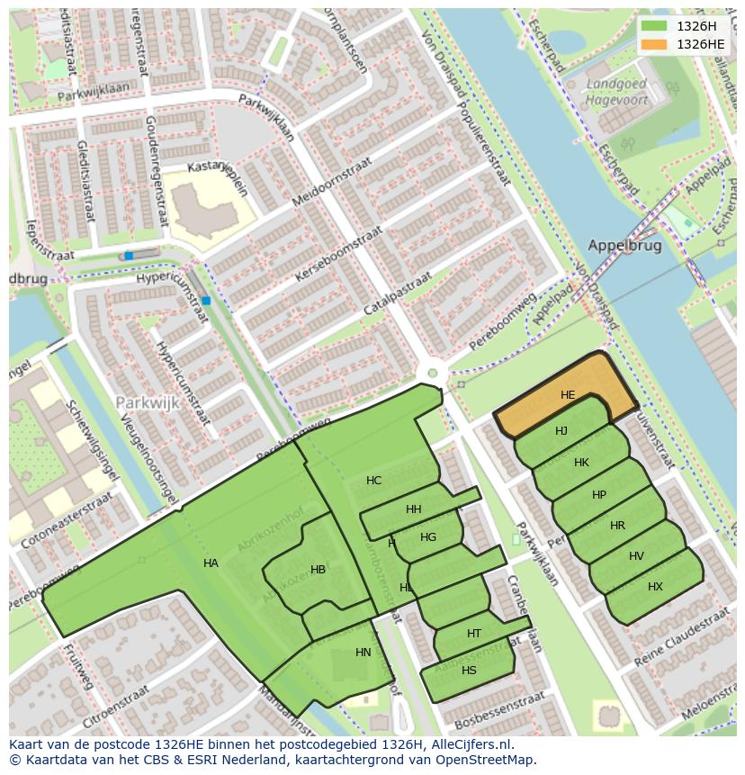 Afbeelding van het postcodegebied 1326 HE op de kaart.