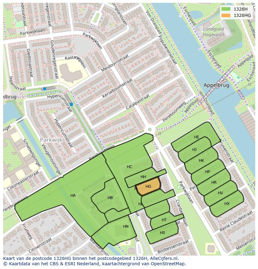Afbeelding van het postcodegebied 1326 HG op de kaart.