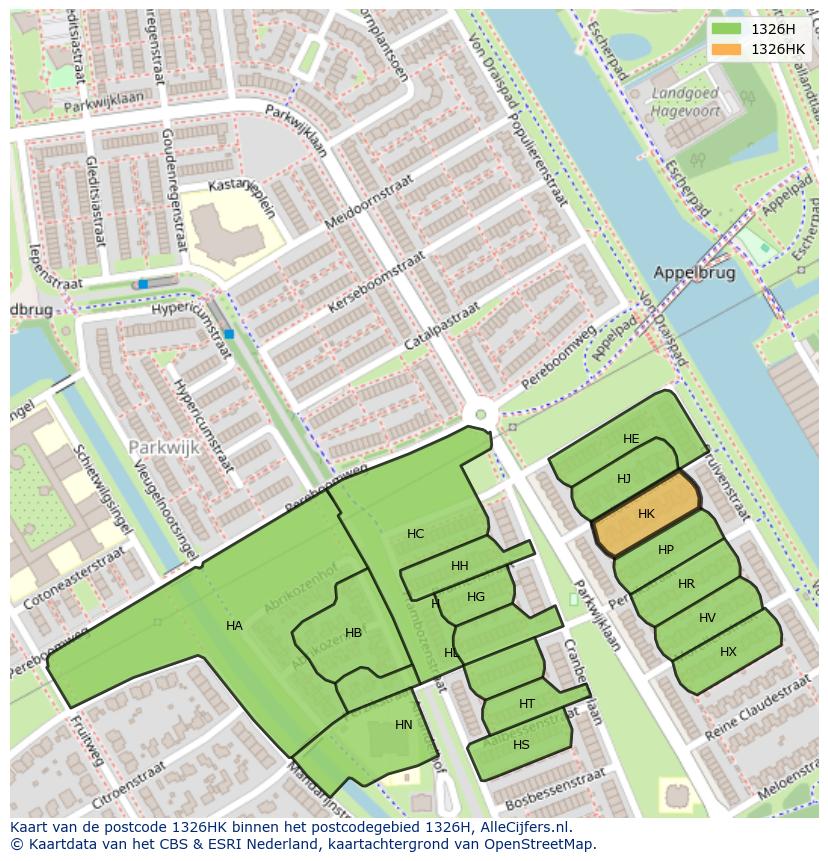 Afbeelding van het postcodegebied 1326 HK op de kaart.