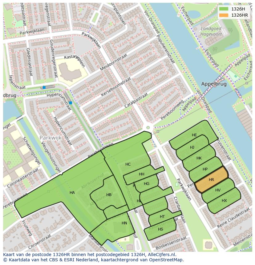 Afbeelding van het postcodegebied 1326 HR op de kaart.