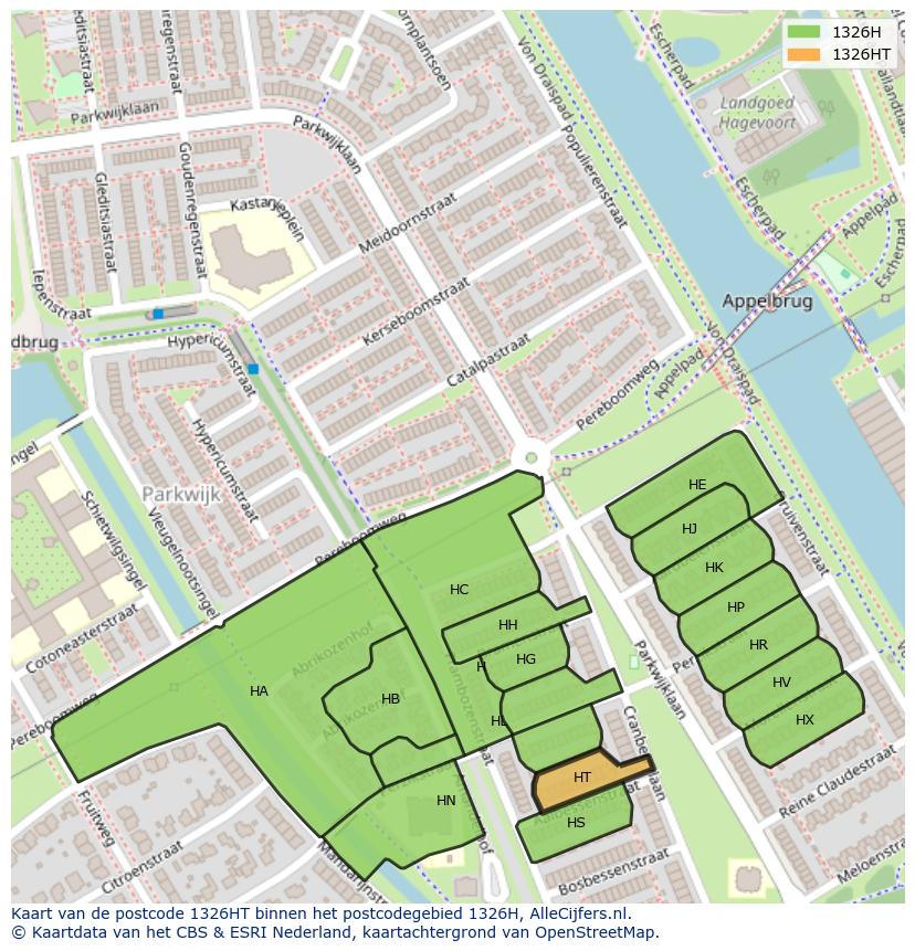 Afbeelding van het postcodegebied 1326 HT op de kaart.