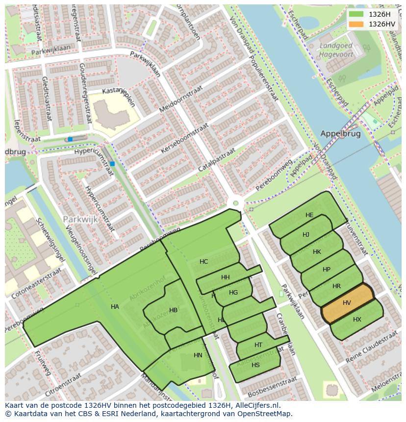 Afbeelding van het postcodegebied 1326 HV op de kaart.