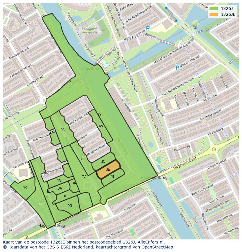Afbeelding van het postcodegebied 1326 JE op de kaart.