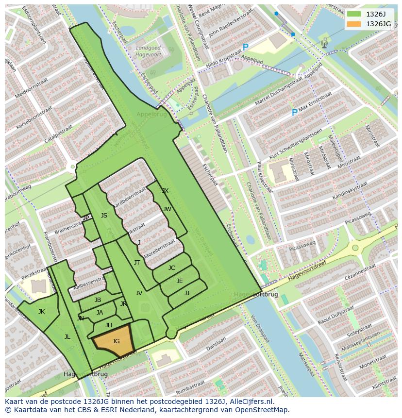 Afbeelding van het postcodegebied 1326 JG op de kaart.
