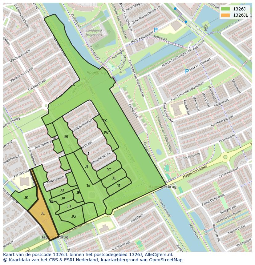 Afbeelding van het postcodegebied 1326 JL op de kaart.
