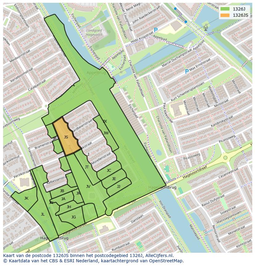 Afbeelding van het postcodegebied 1326 JS op de kaart.