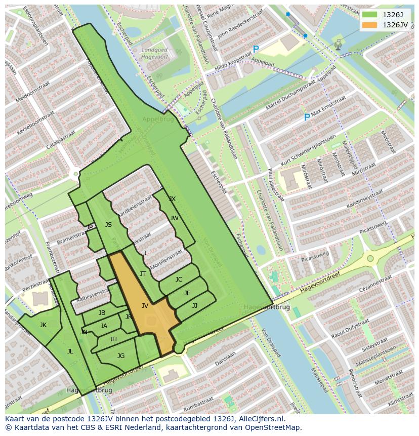 Afbeelding van het postcodegebied 1326 JV op de kaart.