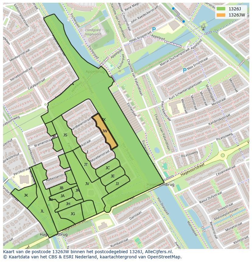 Afbeelding van het postcodegebied 1326 JW op de kaart.