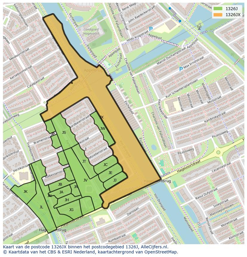 Afbeelding van het postcodegebied 1326 JX op de kaart.