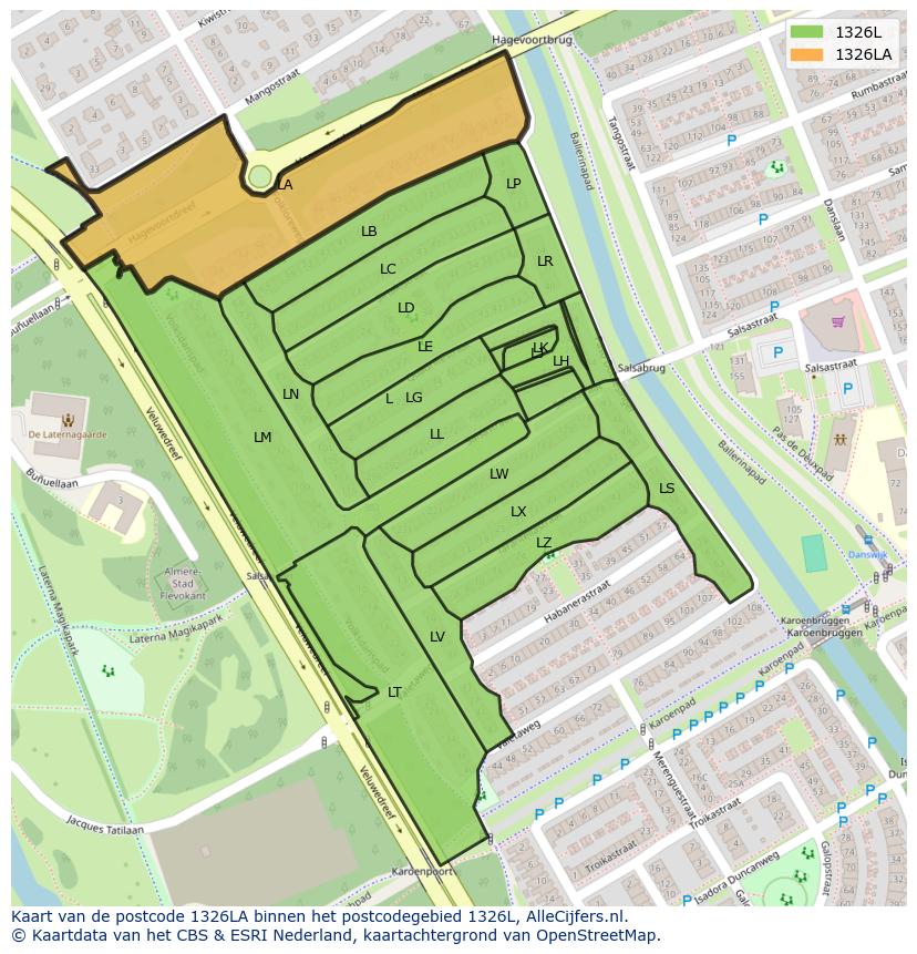 Afbeelding van het postcodegebied 1326 LA op de kaart.