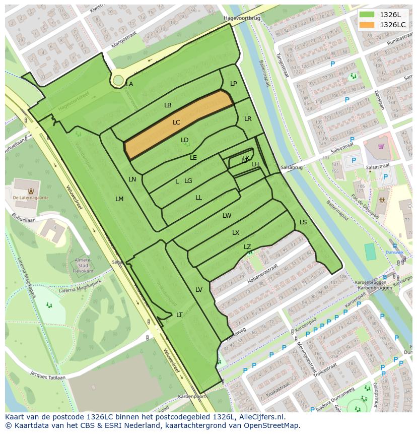 Afbeelding van het postcodegebied 1326 LC op de kaart.