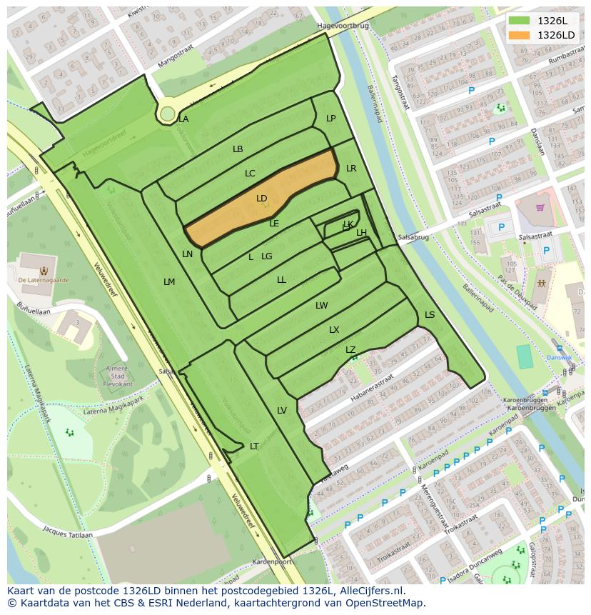 Afbeelding van het postcodegebied 1326 LD op de kaart.