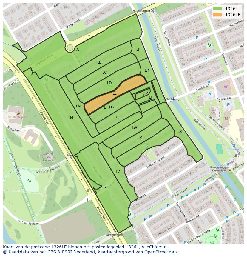 Afbeelding van het postcodegebied 1326 LE op de kaart.