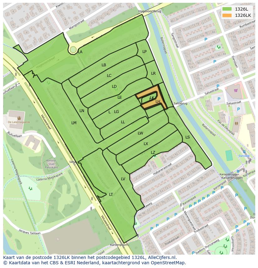 Afbeelding van het postcodegebied 1326 LK op de kaart.