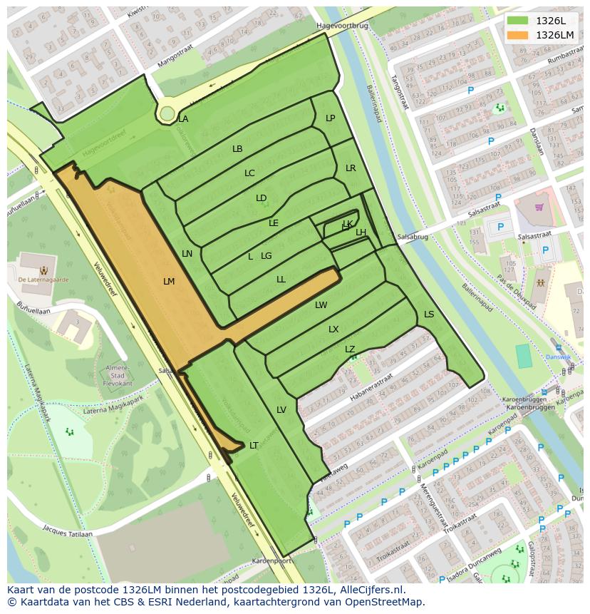 Afbeelding van het postcodegebied 1326 LM op de kaart.