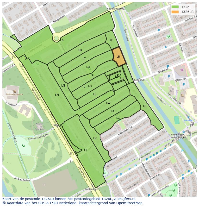 Afbeelding van het postcodegebied 1326 LR op de kaart.