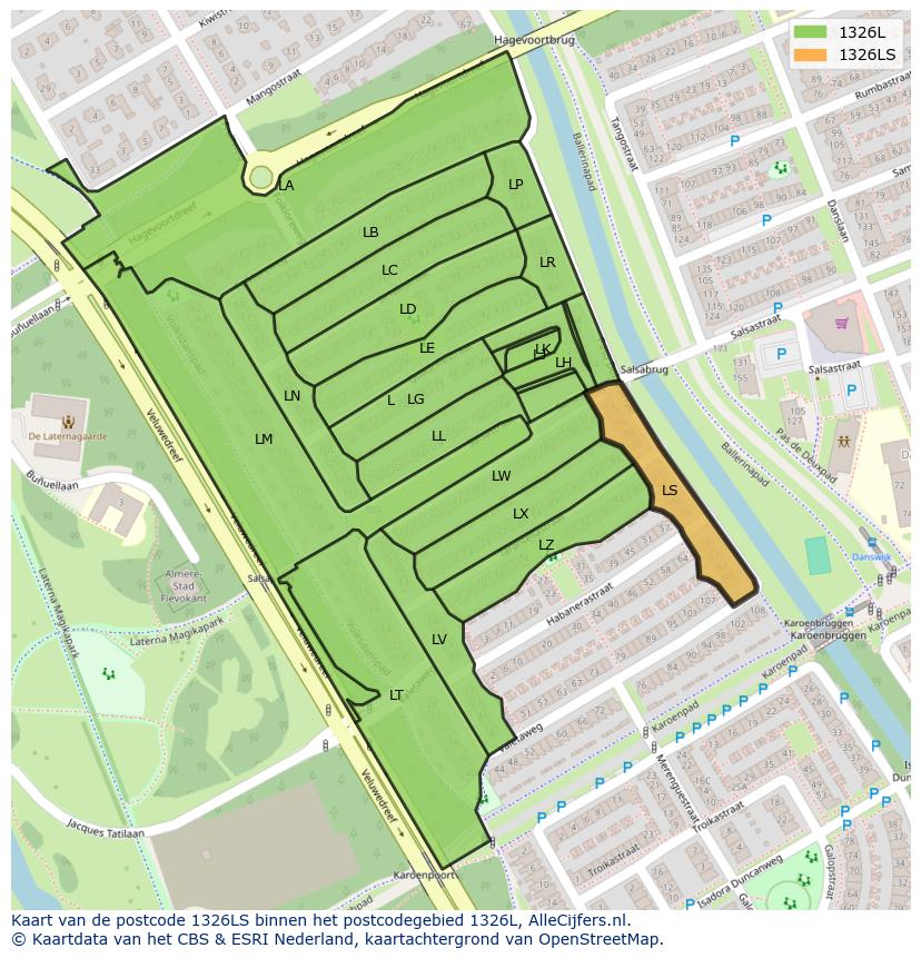 Afbeelding van het postcodegebied 1326 LS op de kaart.