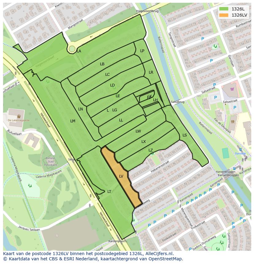 Afbeelding van het postcodegebied 1326 LV op de kaart.
