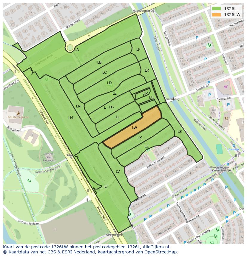 Afbeelding van het postcodegebied 1326 LW op de kaart.