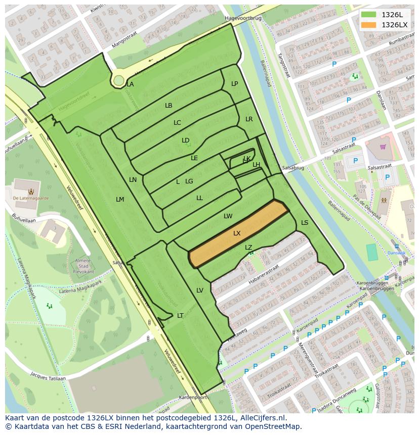 Afbeelding van het postcodegebied 1326 LX op de kaart.