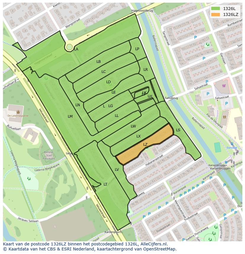Afbeelding van het postcodegebied 1326 LZ op de kaart.