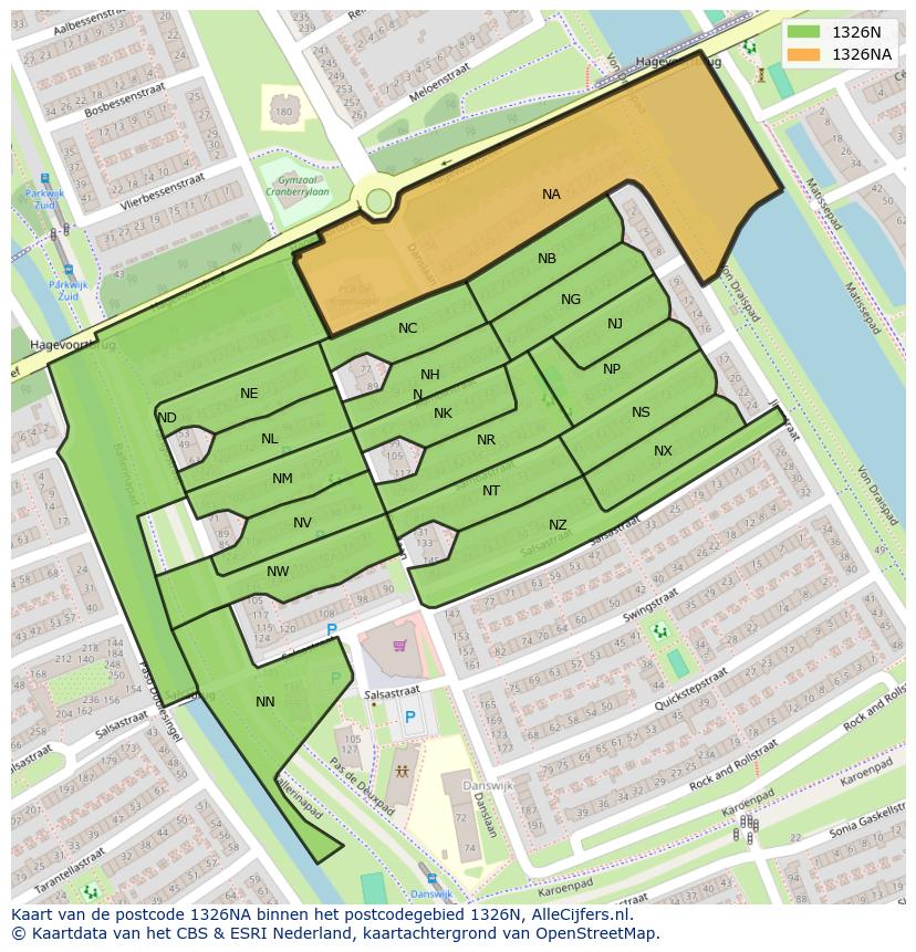 Afbeelding van het postcodegebied 1326 NA op de kaart.