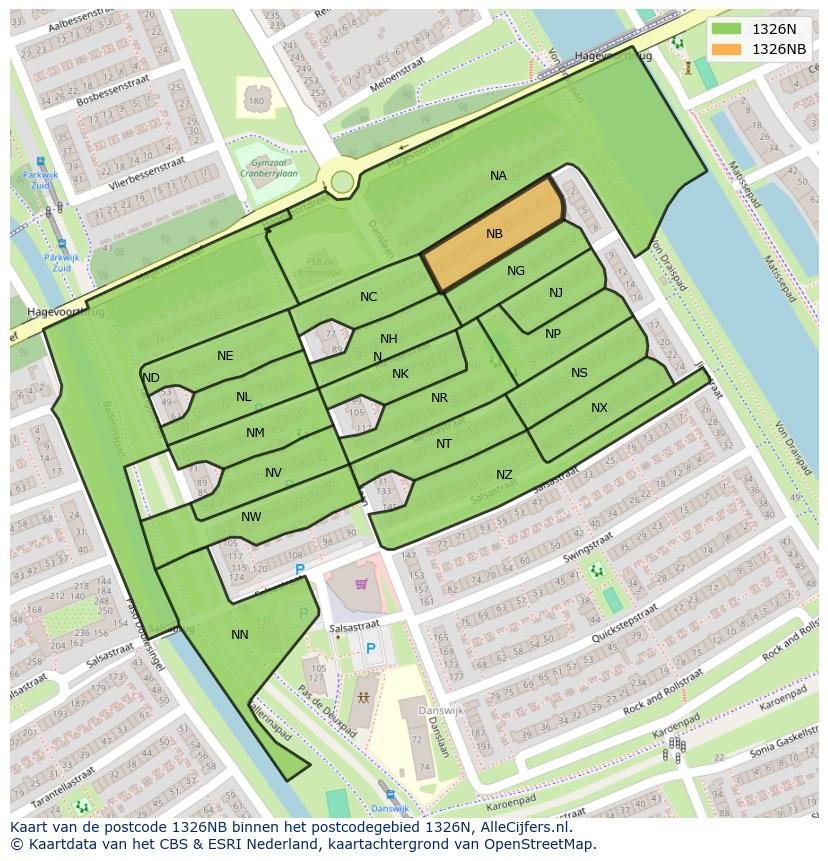 Afbeelding van het postcodegebied 1326 NB op de kaart.