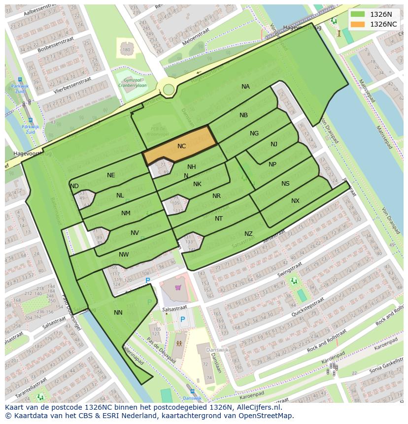 Afbeelding van het postcodegebied 1326 NC op de kaart.