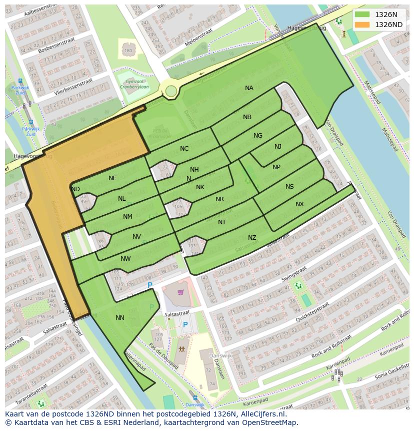 Afbeelding van het postcodegebied 1326 ND op de kaart.