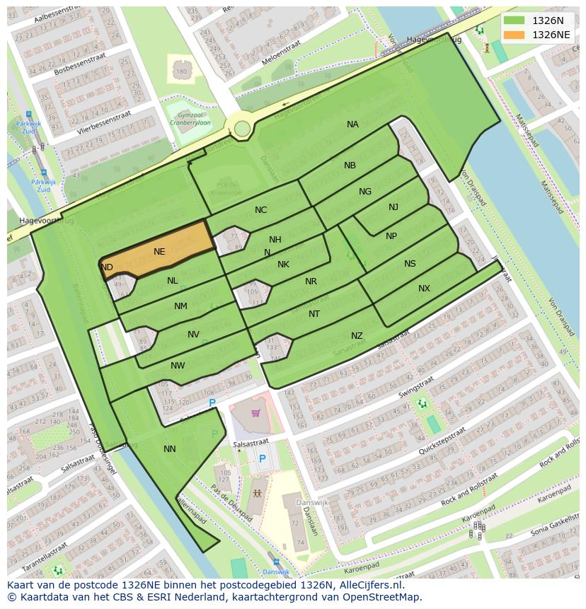 Afbeelding van het postcodegebied 1326 NE op de kaart.