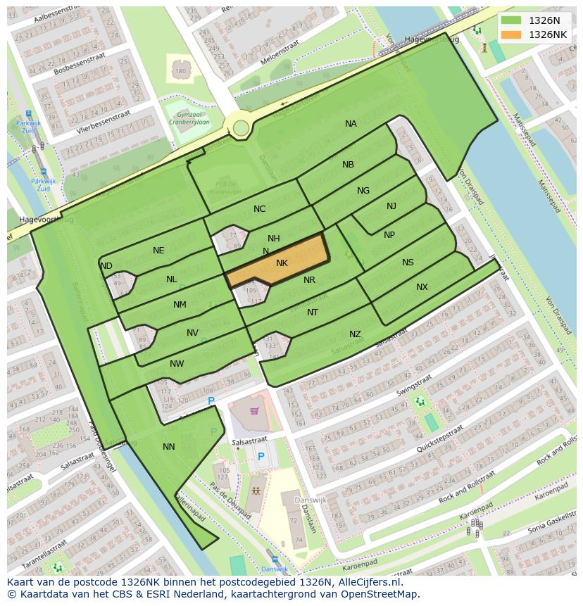 Afbeelding van het postcodegebied 1326 NK op de kaart.