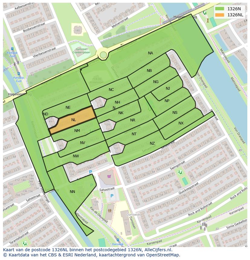 Afbeelding van het postcodegebied 1326 NL op de kaart.