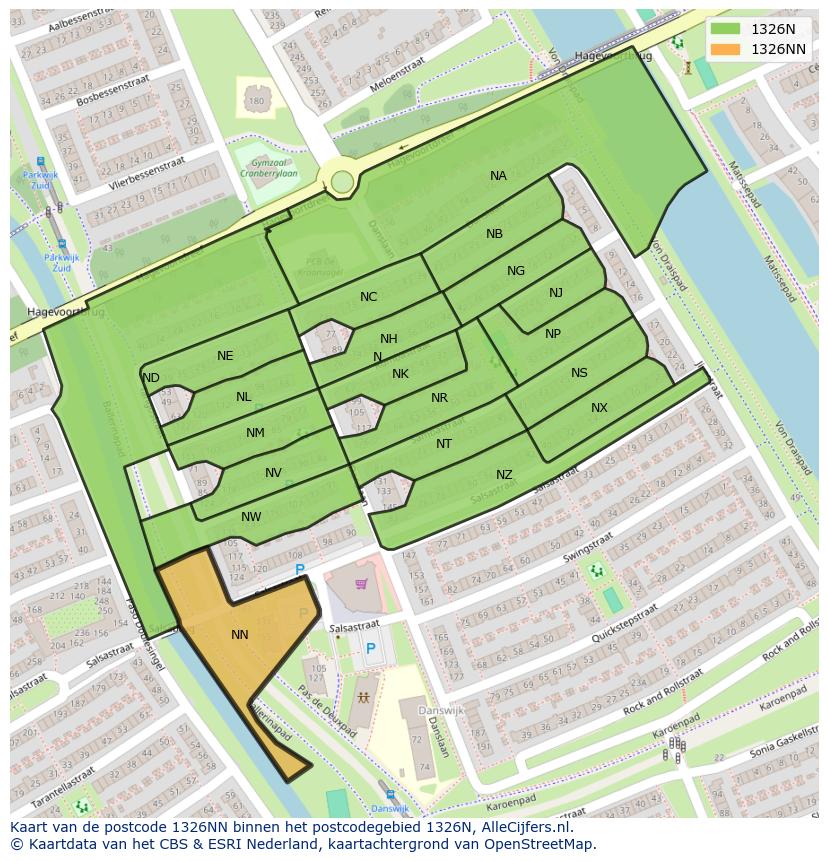 Afbeelding van het postcodegebied 1326 NN op de kaart.
