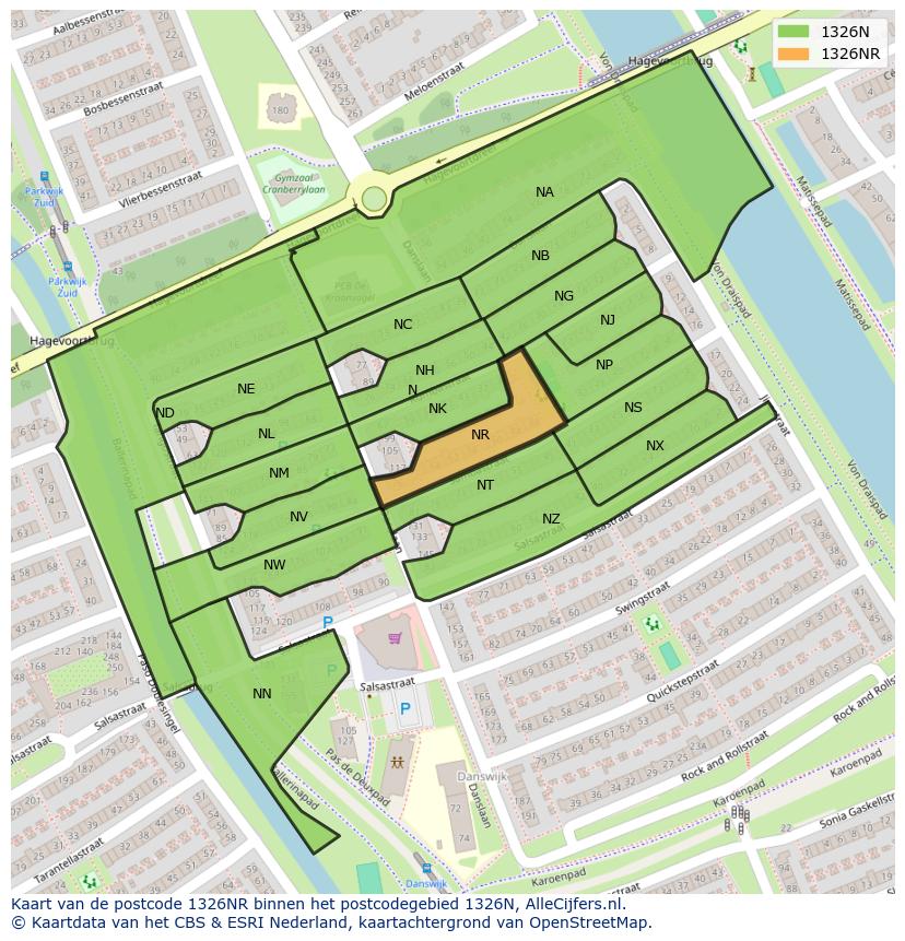 Afbeelding van het postcodegebied 1326 NR op de kaart.