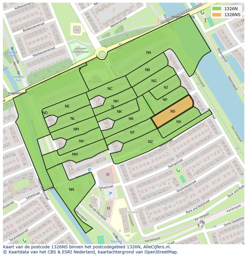Afbeelding van het postcodegebied 1326 NS op de kaart.