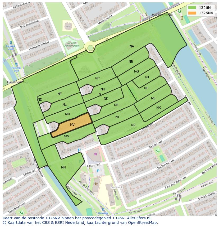 Afbeelding van het postcodegebied 1326 NV op de kaart.