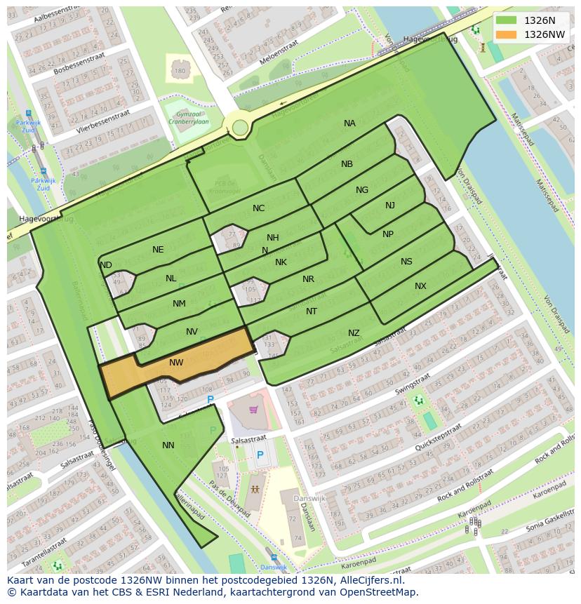 Afbeelding van het postcodegebied 1326 NW op de kaart.