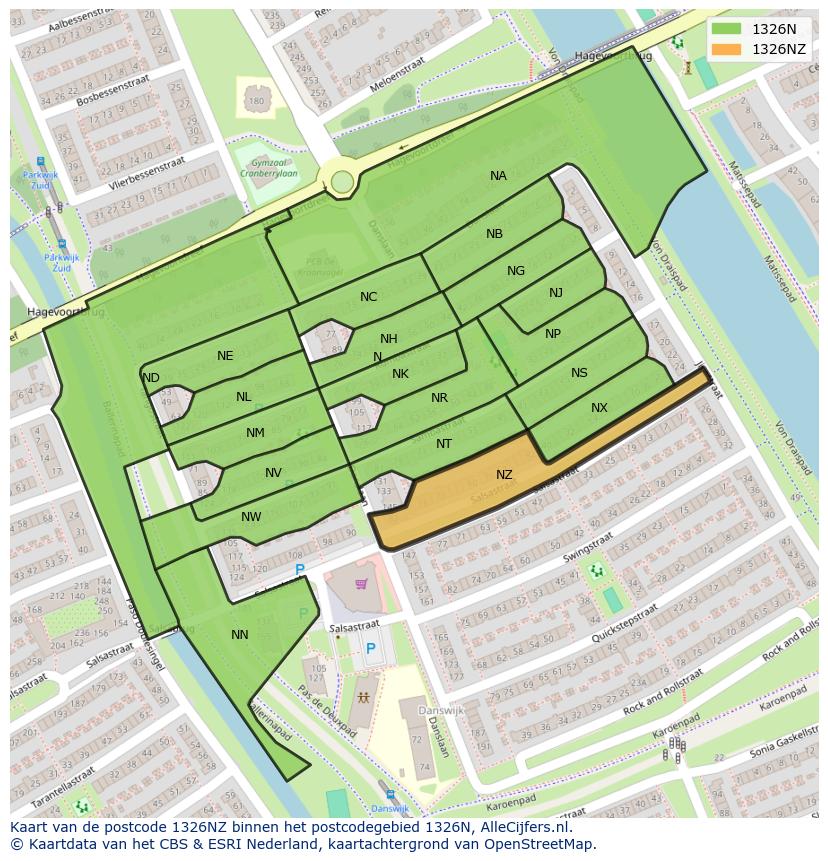 Afbeelding van het postcodegebied 1326 NZ op de kaart.