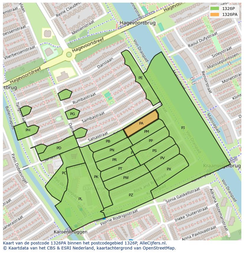 Afbeelding van het postcodegebied 1326 PA op de kaart.
