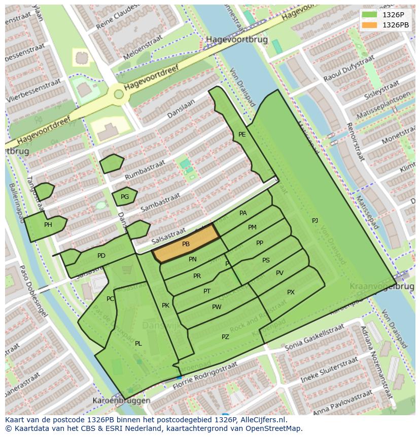 Afbeelding van het postcodegebied 1326 PB op de kaart.