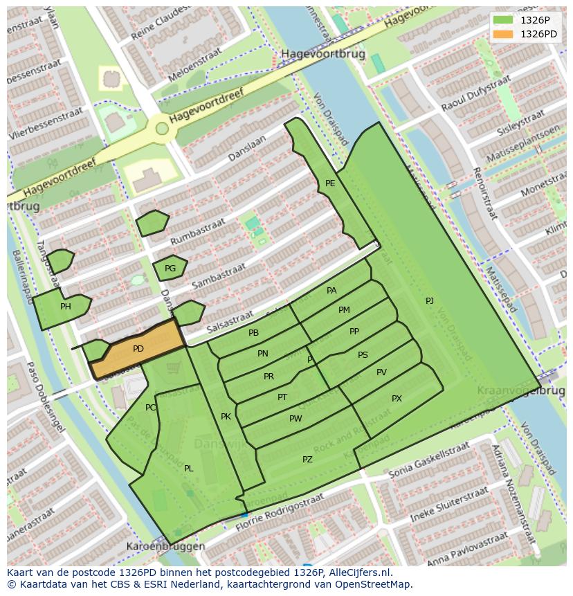 Afbeelding van het postcodegebied 1326 PD op de kaart.