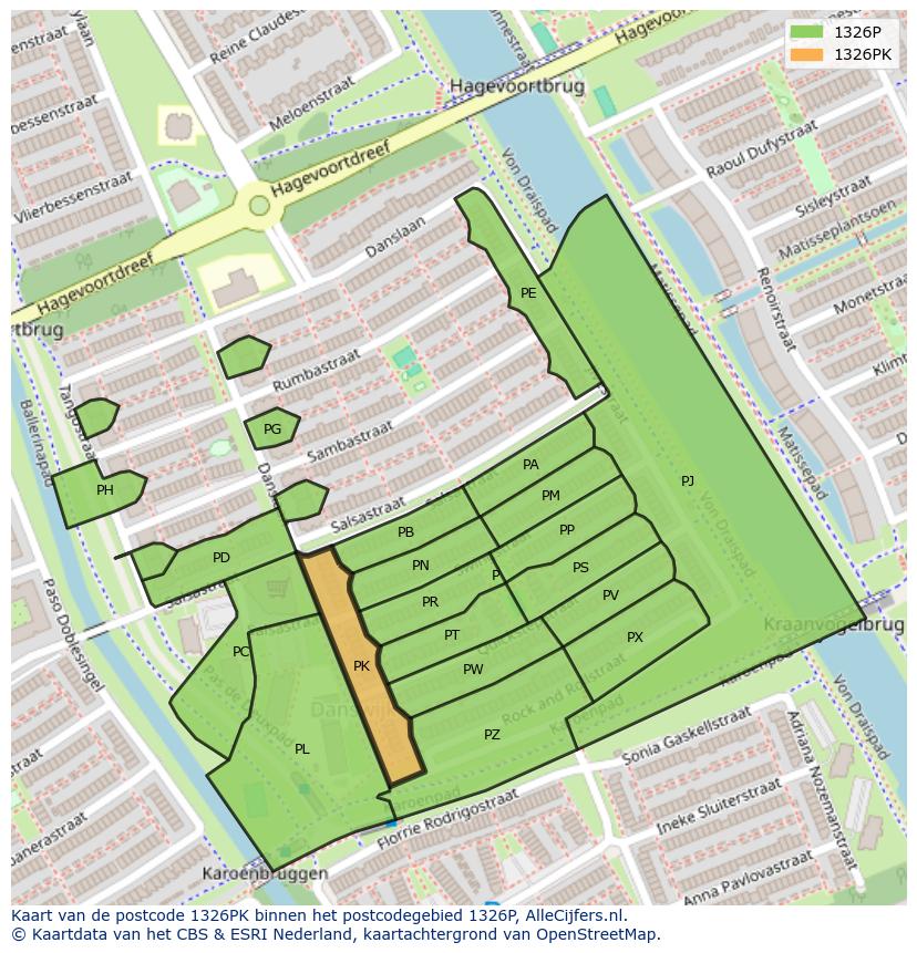 Afbeelding van het postcodegebied 1326 PK op de kaart.