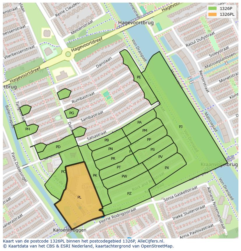 Afbeelding van het postcodegebied 1326 PL op de kaart.