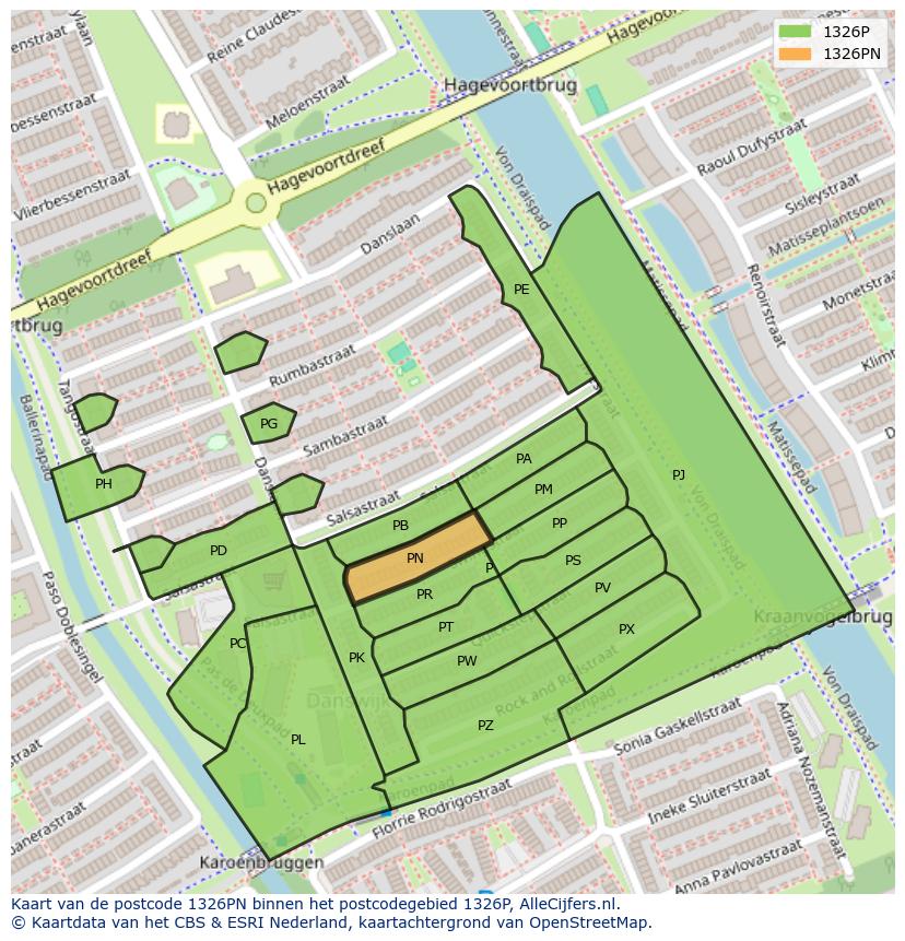 Afbeelding van het postcodegebied 1326 PN op de kaart.