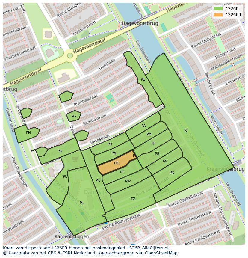Afbeelding van het postcodegebied 1326 PR op de kaart.