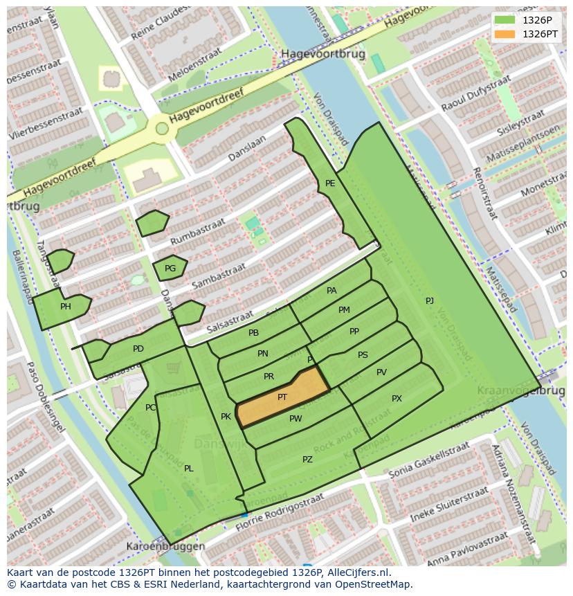 Afbeelding van het postcodegebied 1326 PT op de kaart.