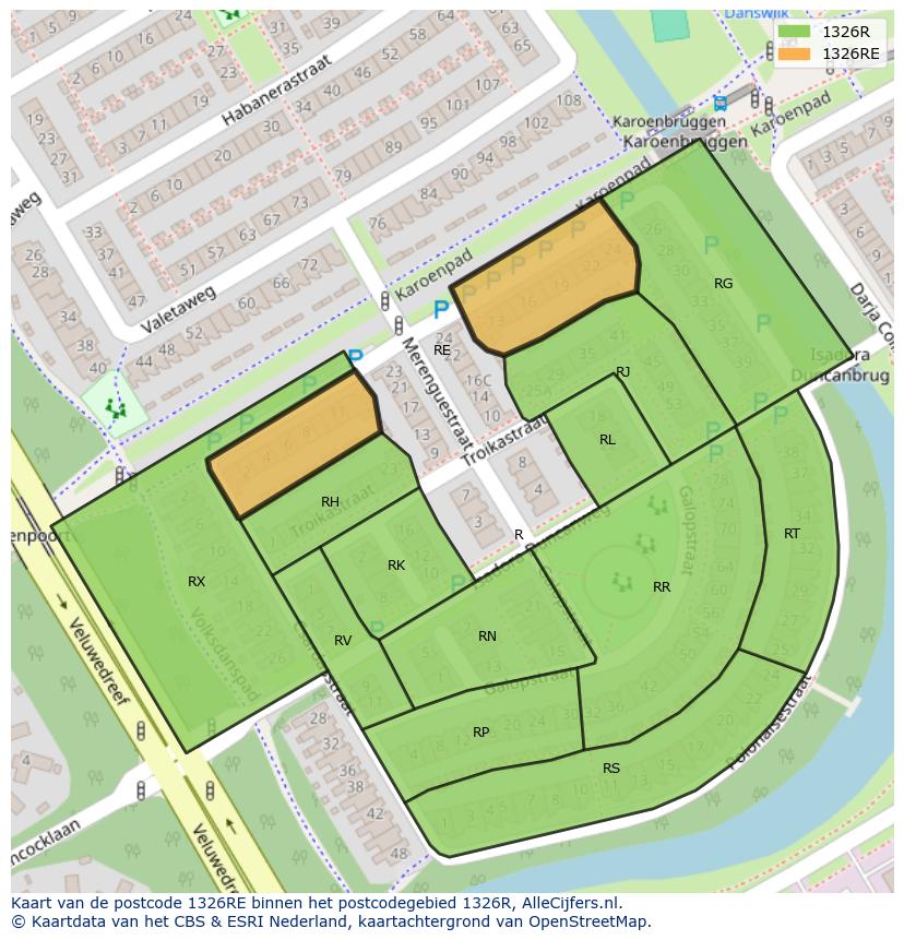 Afbeelding van het postcodegebied 1326 RE op de kaart.