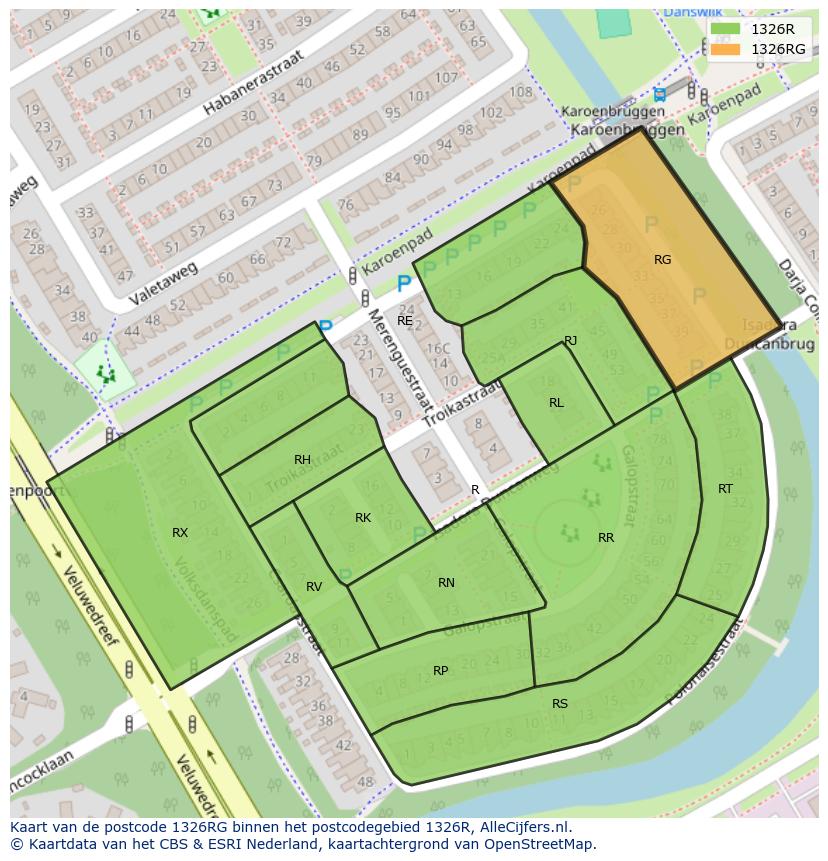 Afbeelding van het postcodegebied 1326 RG op de kaart.