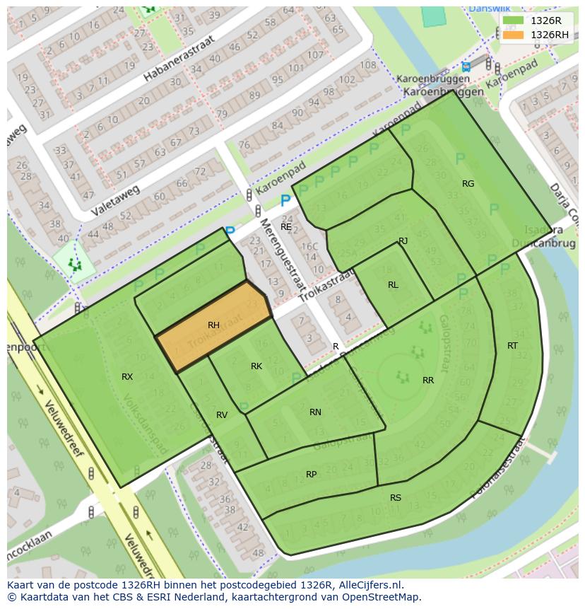 Afbeelding van het postcodegebied 1326 RH op de kaart.