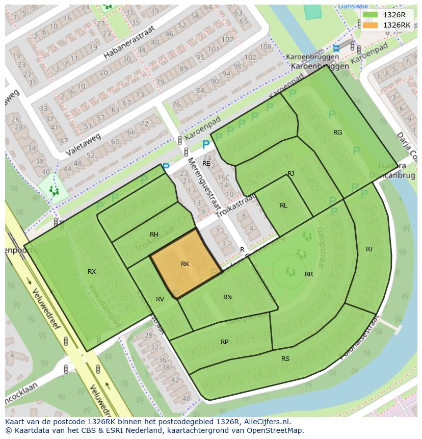 Afbeelding van het postcodegebied 1326 RK op de kaart.